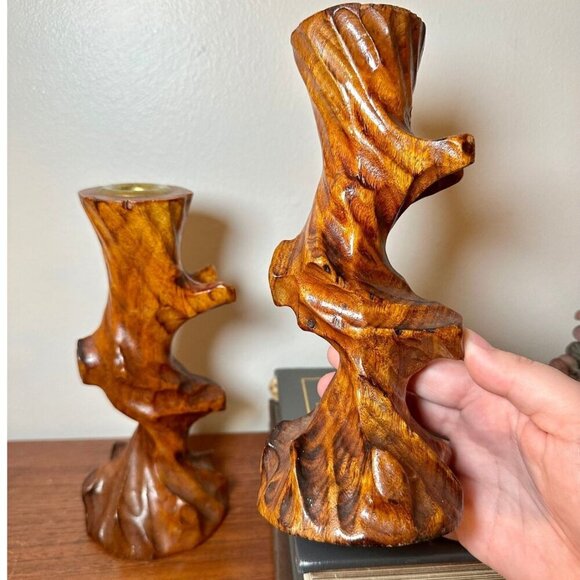Vintage Natural Wood Raw Edge Tree Trunk Wood Candlestick Holder Brown Size 4"x1 - Picture 10 of 10